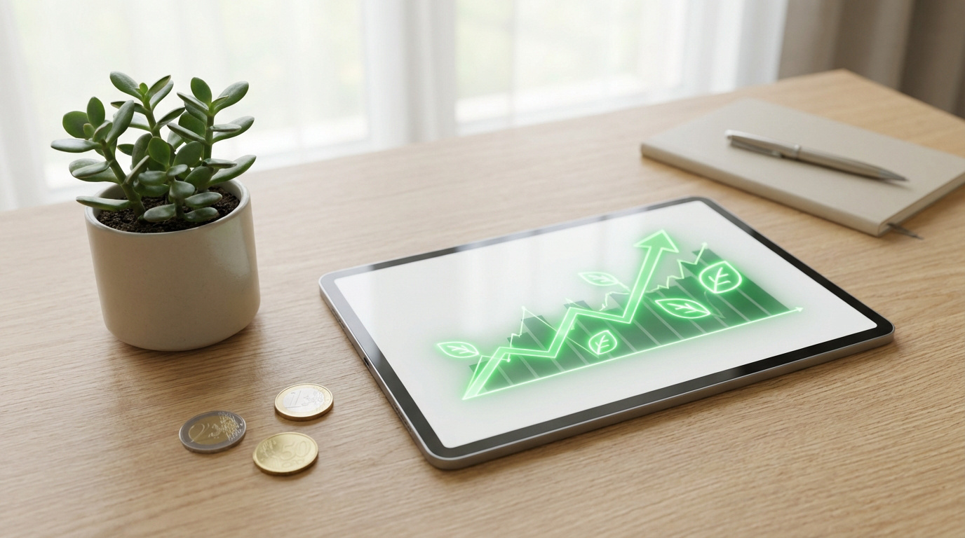 Graphique de croissance verte avec feuilles sur tablette, pièces d'euros et plante sur un bureau en bois. Investissement éco-responsable.