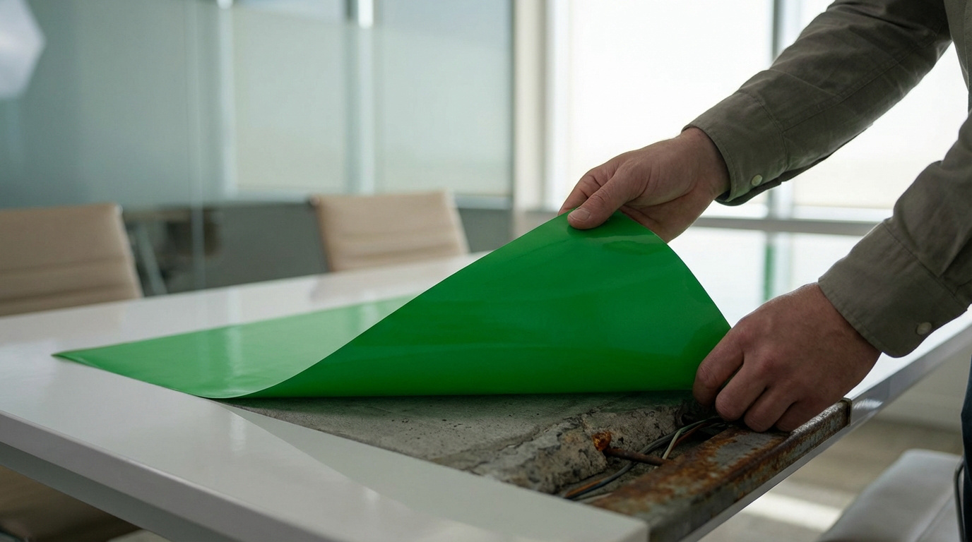 Des mains pèlent une surface verte brillante, révélant une table endommagée et des fils en dessous dans un bureau moderne.