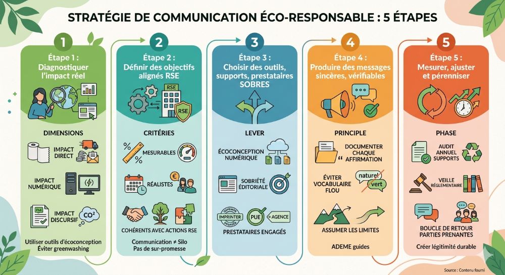 Infographie étape stratégie communication éco-responsable Infographie étape stratégie communication éco-responsable